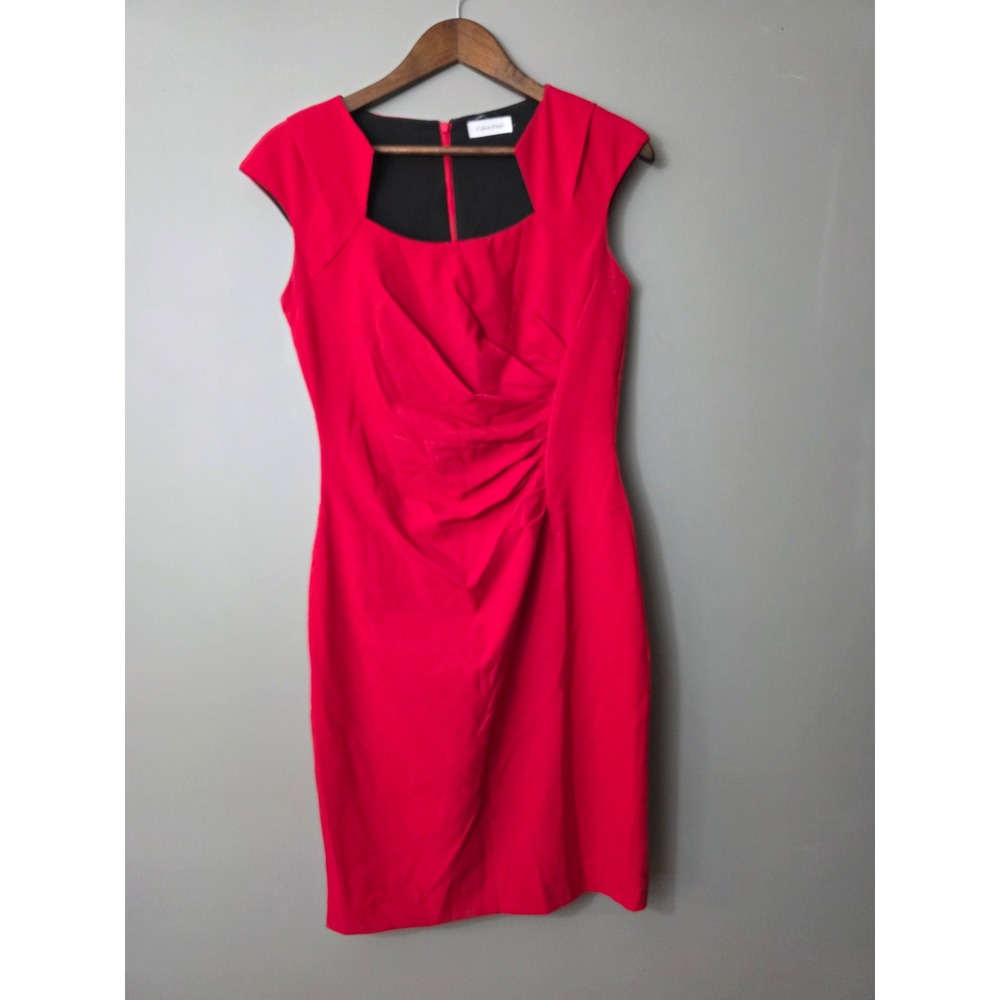 Calvin Klein Red Ruched Sheath Dress Square Neck Cap Sleeve Size 6